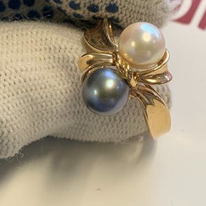 Natural Double Pearl Love Knot Ring 14K Yellow Gold Size 9.75